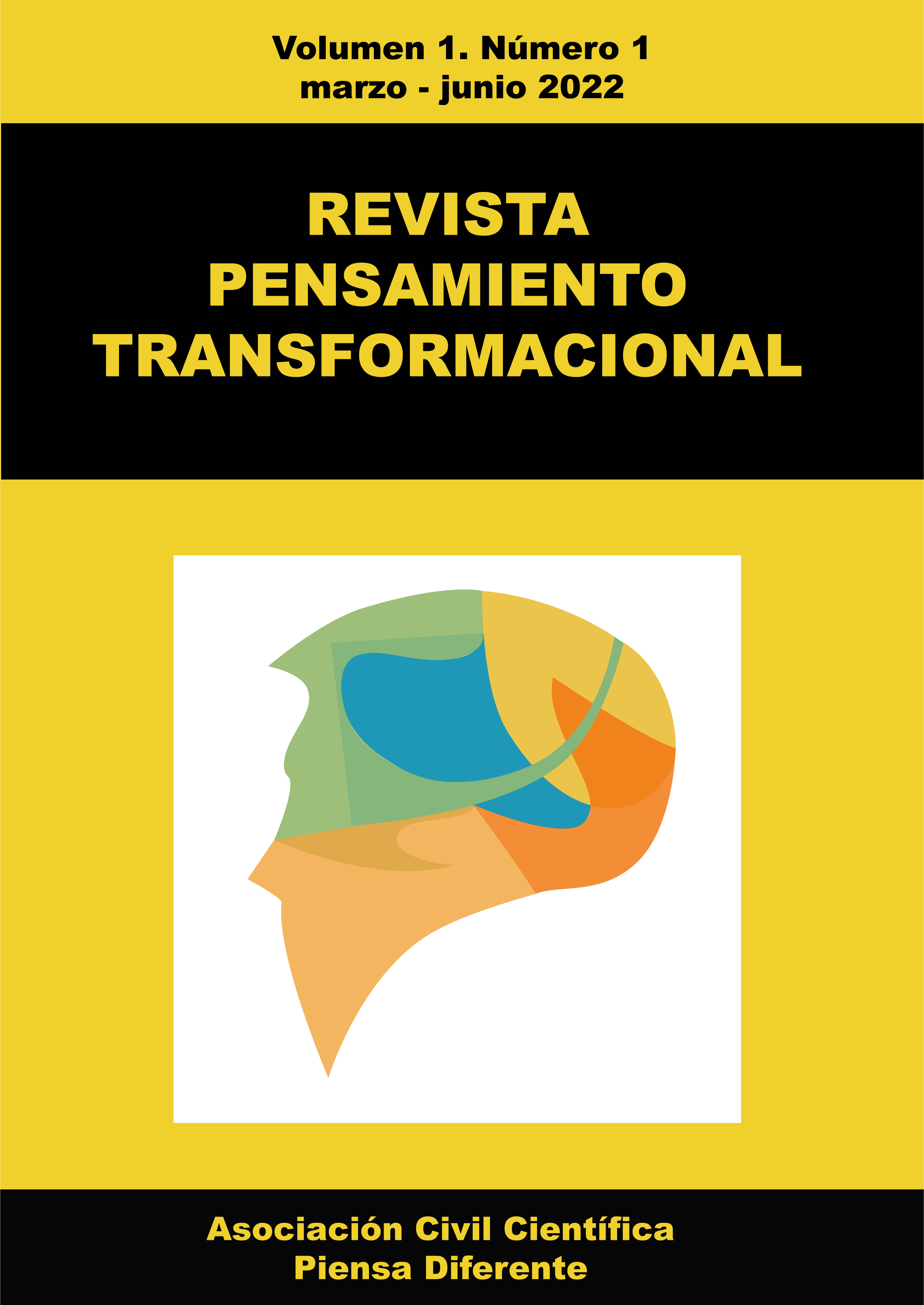 Revista pensamiento transformacional, portada con fondo amarillo, en una franja negra se encuentra el nombre el numero y el volumen